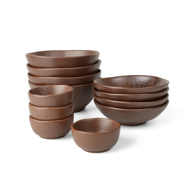 12-piece bowl set Reactive professional porcelain "Tierra" in brown hard porcelain