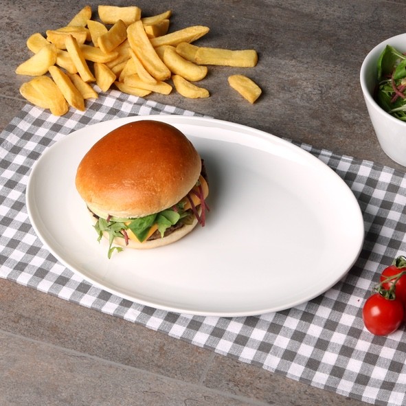 6er Set Porzellan Burgerplatte oval 30 x 21 cm hoher Rand
