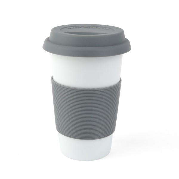 Coffee Mug 0,38 l with Silicone-Banderole & Cover grey