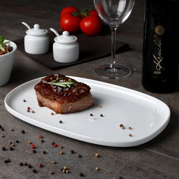 Plat de steak 30 cm rectangulaire, blanc, bord élevé
