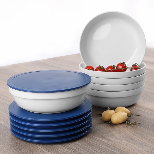 Round bowl with lid blue, stackable