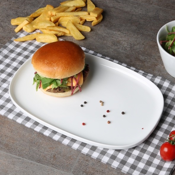 Plat burger 30 cm rectangulaire, blanc, bord élevé