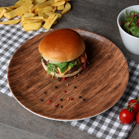 Plato de burger de porcelana redondo 28 cm diseño madera